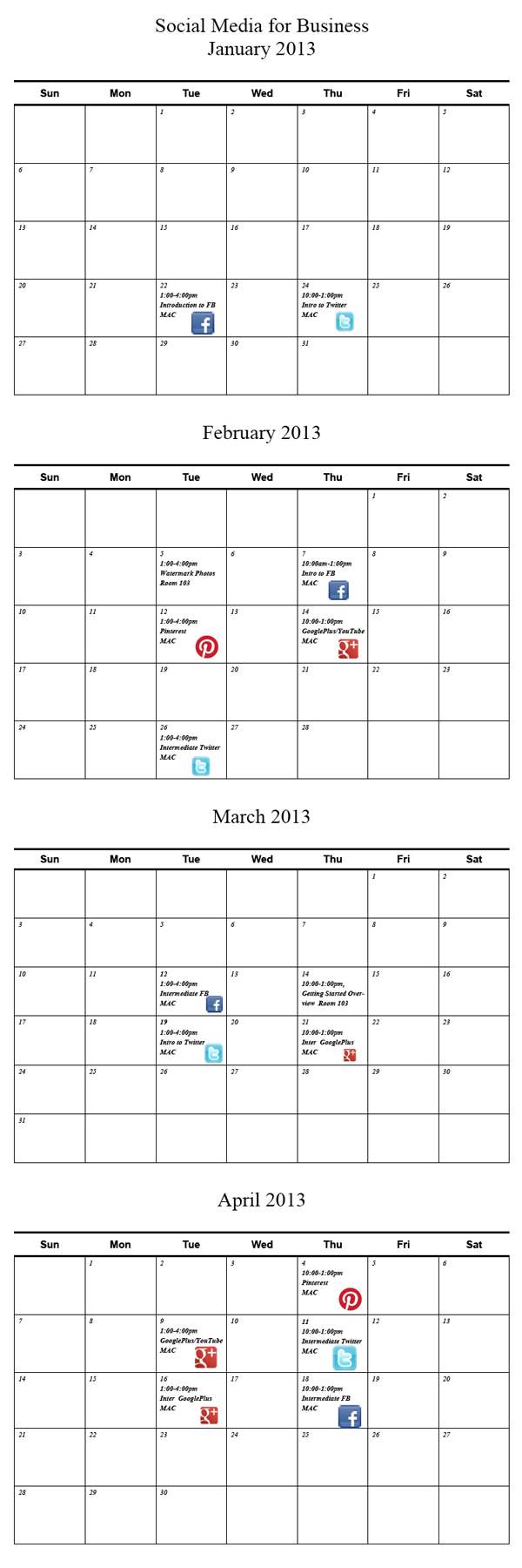 Calendar for Jan - April Linda Sherman Social Media for Biz classes