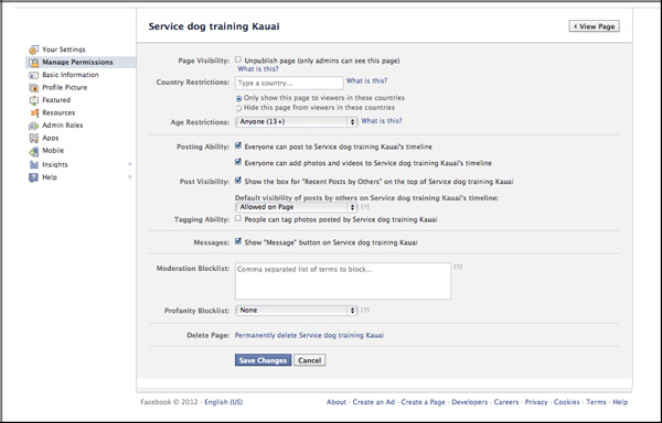 manage permissions screen in facebook setup